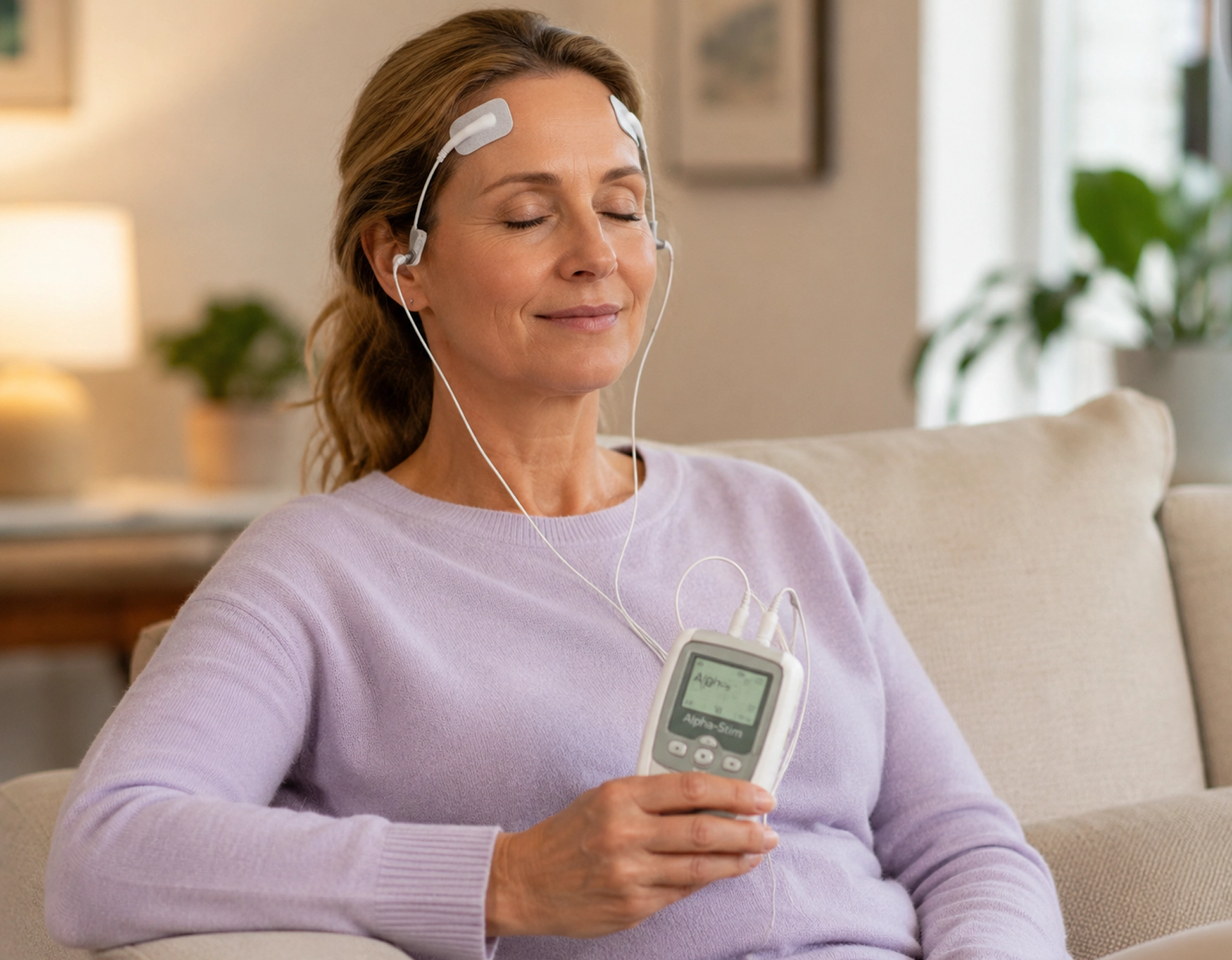 Woman using a relaxation device at home.