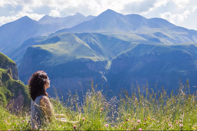 Person sitting in meadow overlooking mountain range